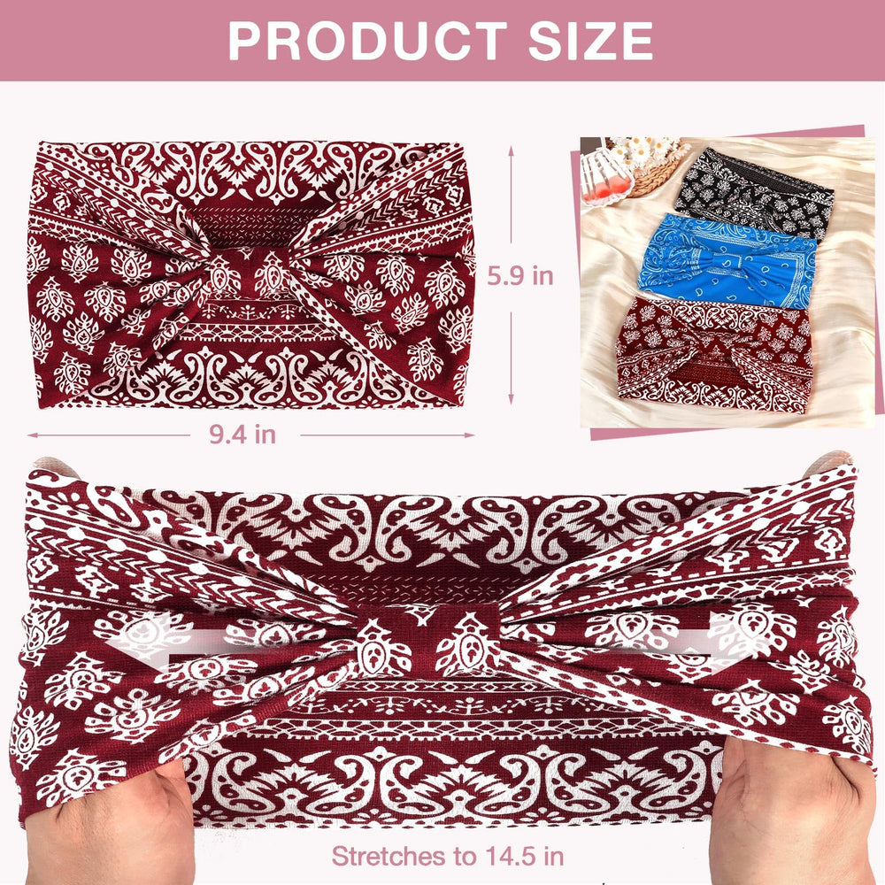 Awumbuk headband beside ruler illustrating dimensions and stretch-fit benefit
