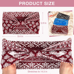 Awumbuk headband beside ruler illustrating dimensions and stretch-fit benefit