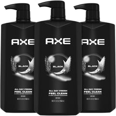 AXE Black front packaging showing three pump bottles and convenience