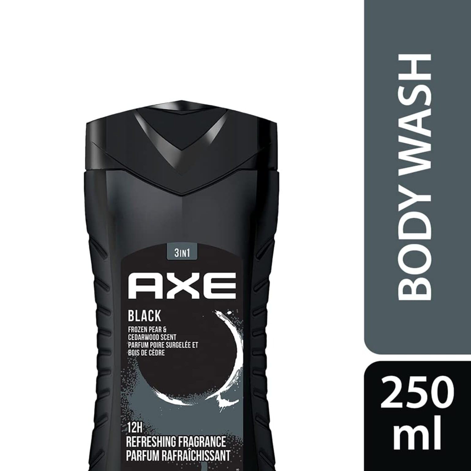 AXE Black bottle close-up label highlighting 3-in-1 convenience benefit