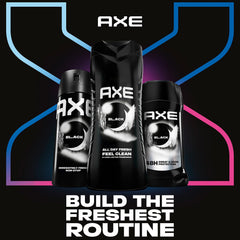 Three AXE Black bottles staged lifestyle suggesting bulk value and convenience