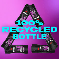 AXE 16 oz bottle next to hand and towel showing true size and value for daily use