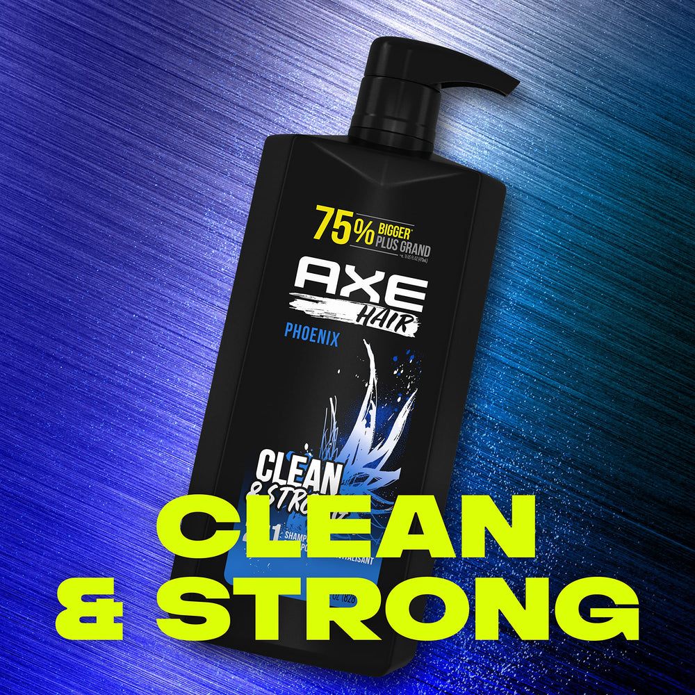 AXE Phoenix in-shower use on wet hair, demonstrating quick 2-in-1 routine benefit