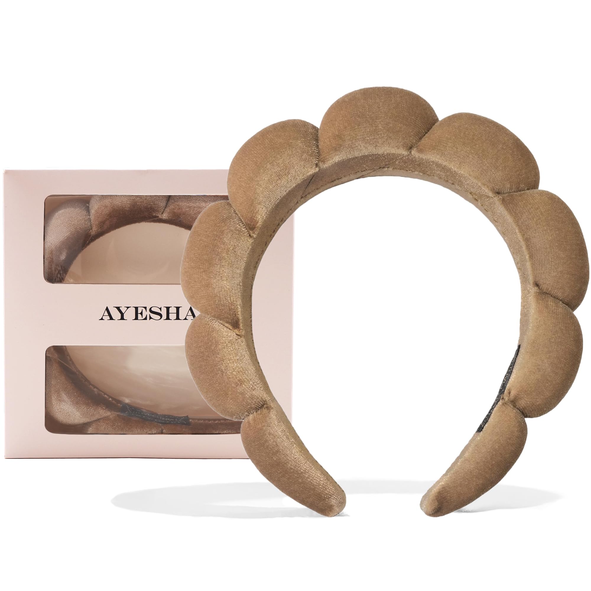 Ayesha headband front view showing soft brown velvet and neat fit benefit