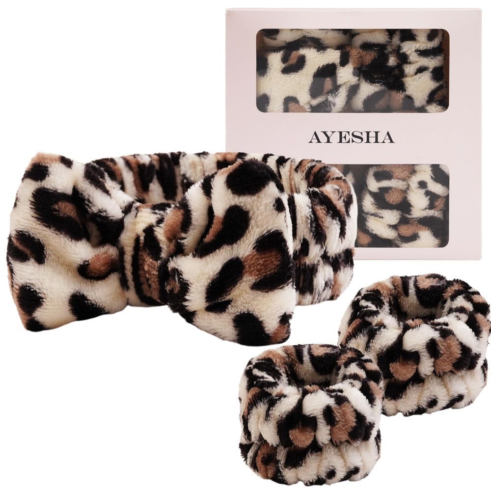 Ayesha cheetah headband and wristbands set front view showing coordinated look and convenience