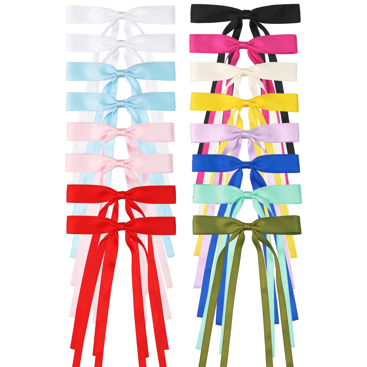 Ayesha front view of 16 colorful satin bows, shows variety and styling options