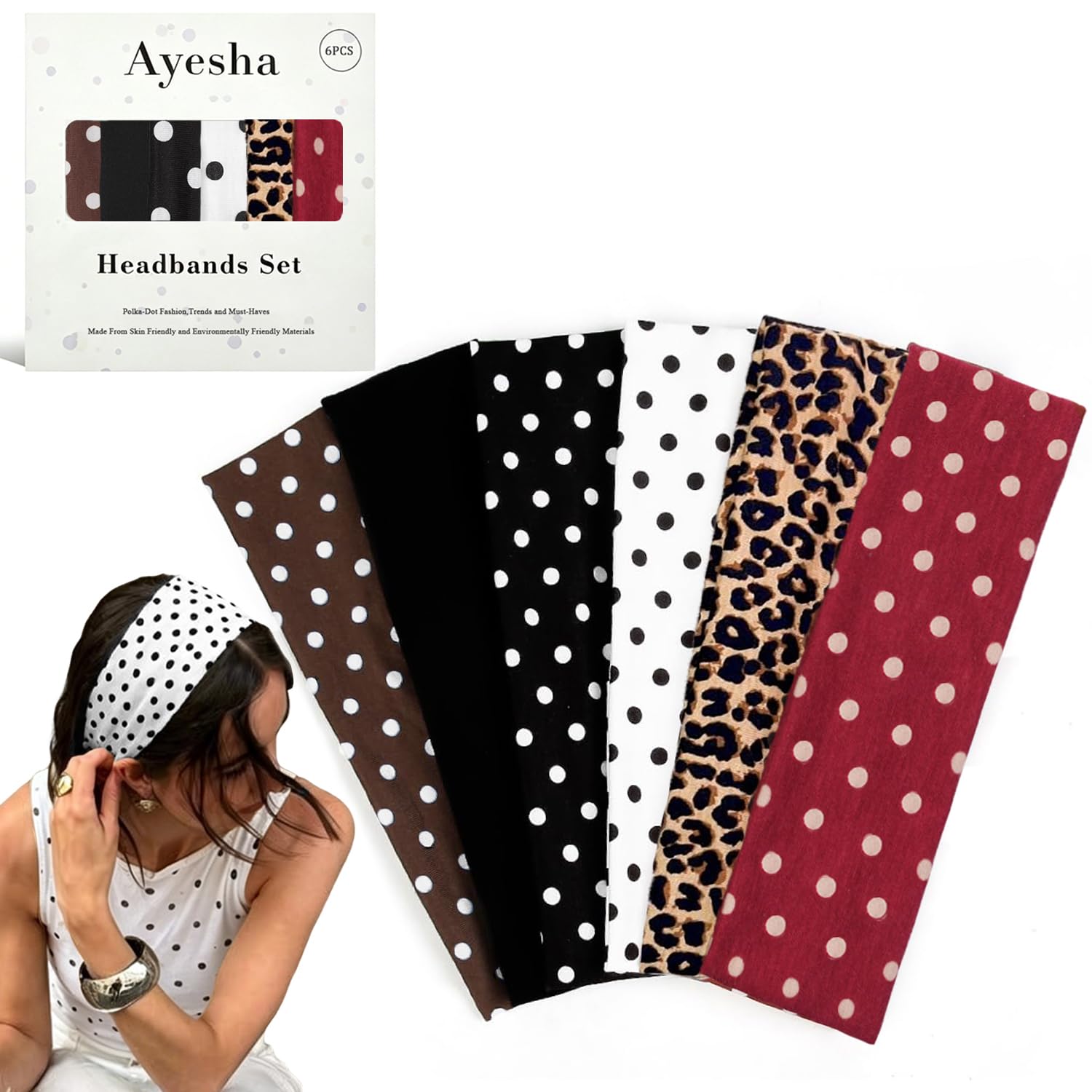 Ayesha front view of six patterned headbands showing assortment and convenience