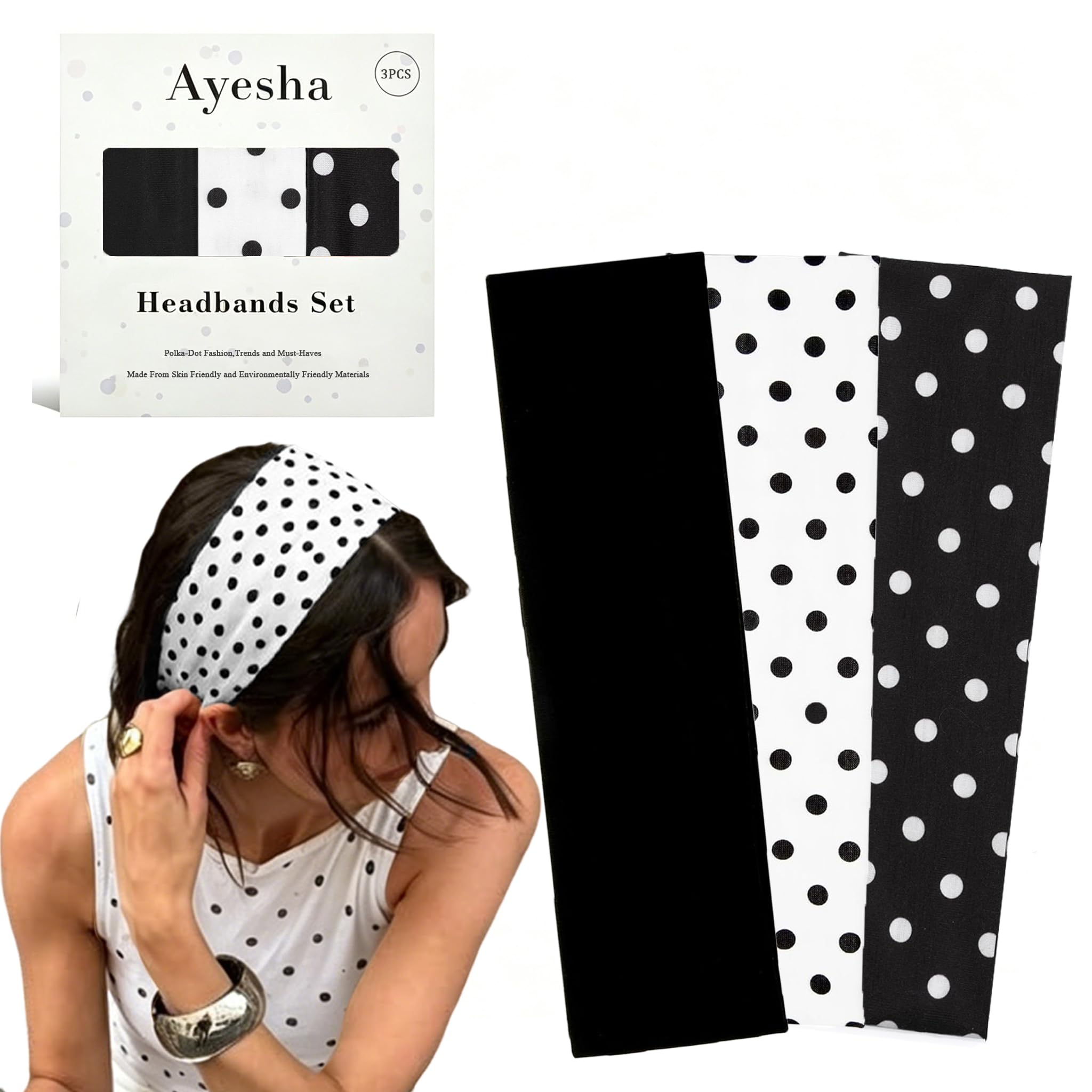 Ayesha front view of black-and-white polka dot headband showing style and fit