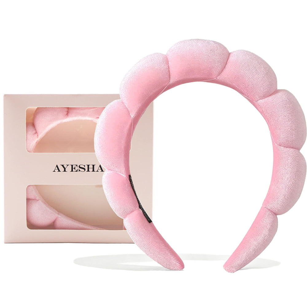 Ayesha headband front view showing fluffy crown and soft pink finish, keeps hair back
