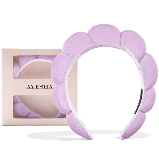Ayesha headband front view showing fluffy purple sponge and neat fit benefit: tidy hairline