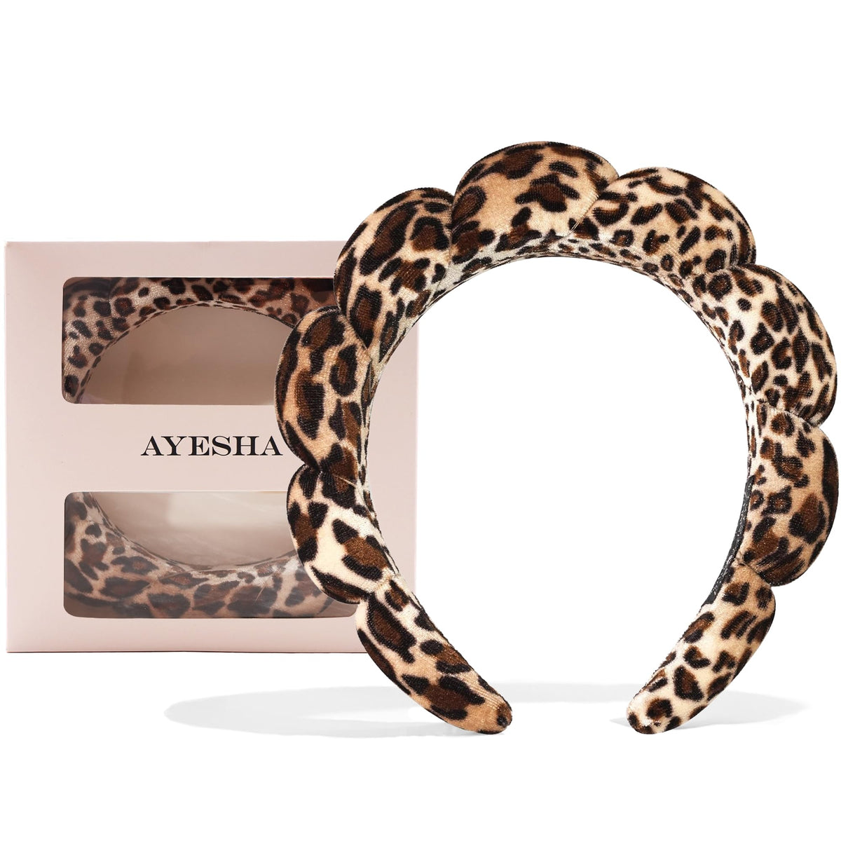 Ayesha headband front view showing leopard print and soft cushion benefit