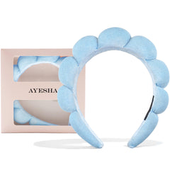 Ayesha headband front view showing plush blue sponge and neat fit benefit comfort