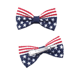 Aysekone front view of two American flag bow clips, bright patriotic accent