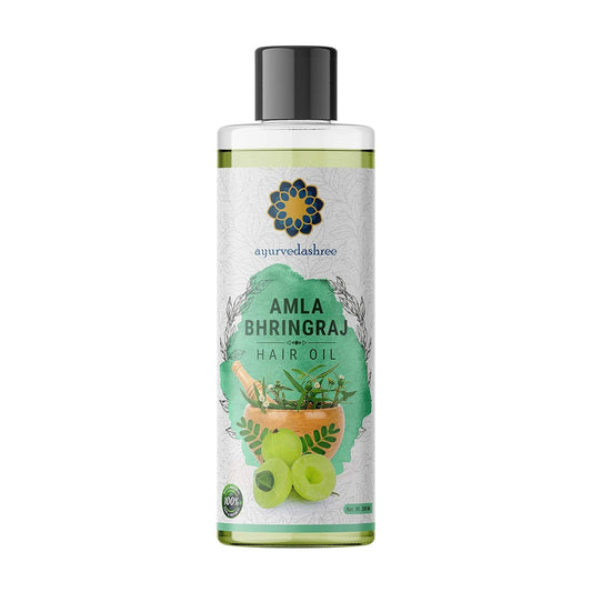 AYURVEDASHREE bottle front view shows natural hair oil packaging and benefits