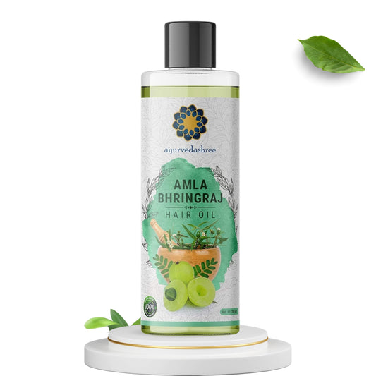 AYURVEDASHREE close-up of Amla Bhringraj Brahmi herbs highlighting botanical potency