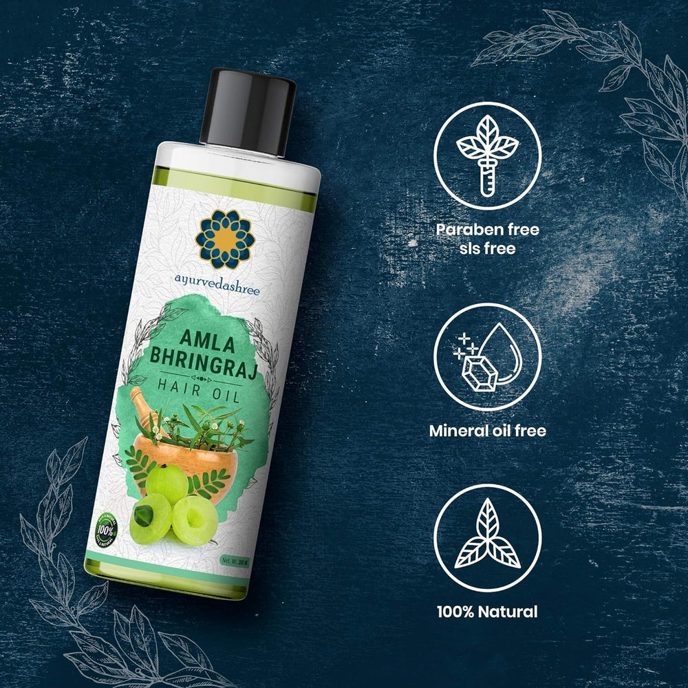 AYURVEDASHREE hair oil on bathroom shelf in lifestyle scene suggesting daily routine use