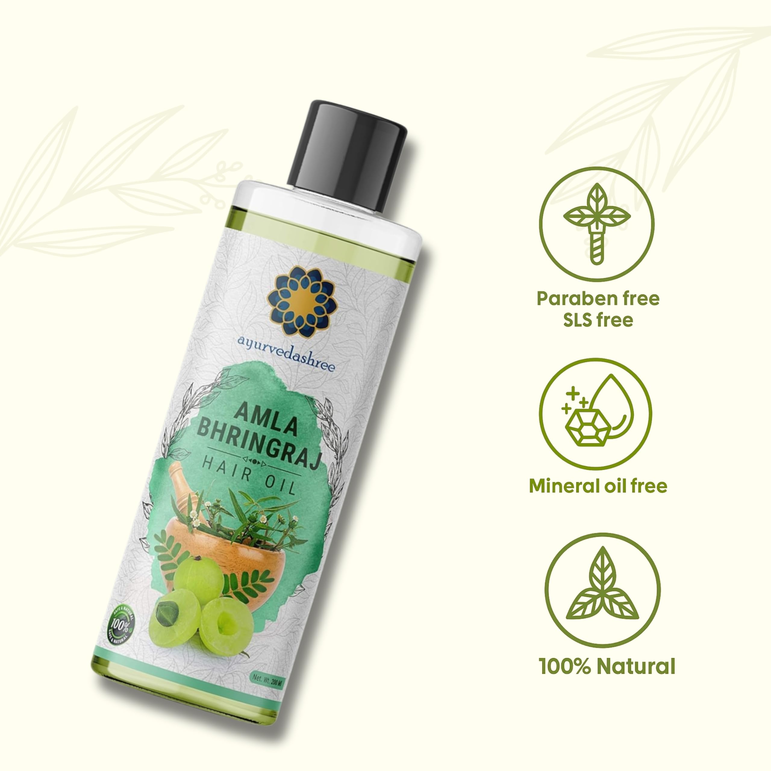 AYURVEDASHREE 200 ml bottle beside common items to indicate compact travel-friendly size