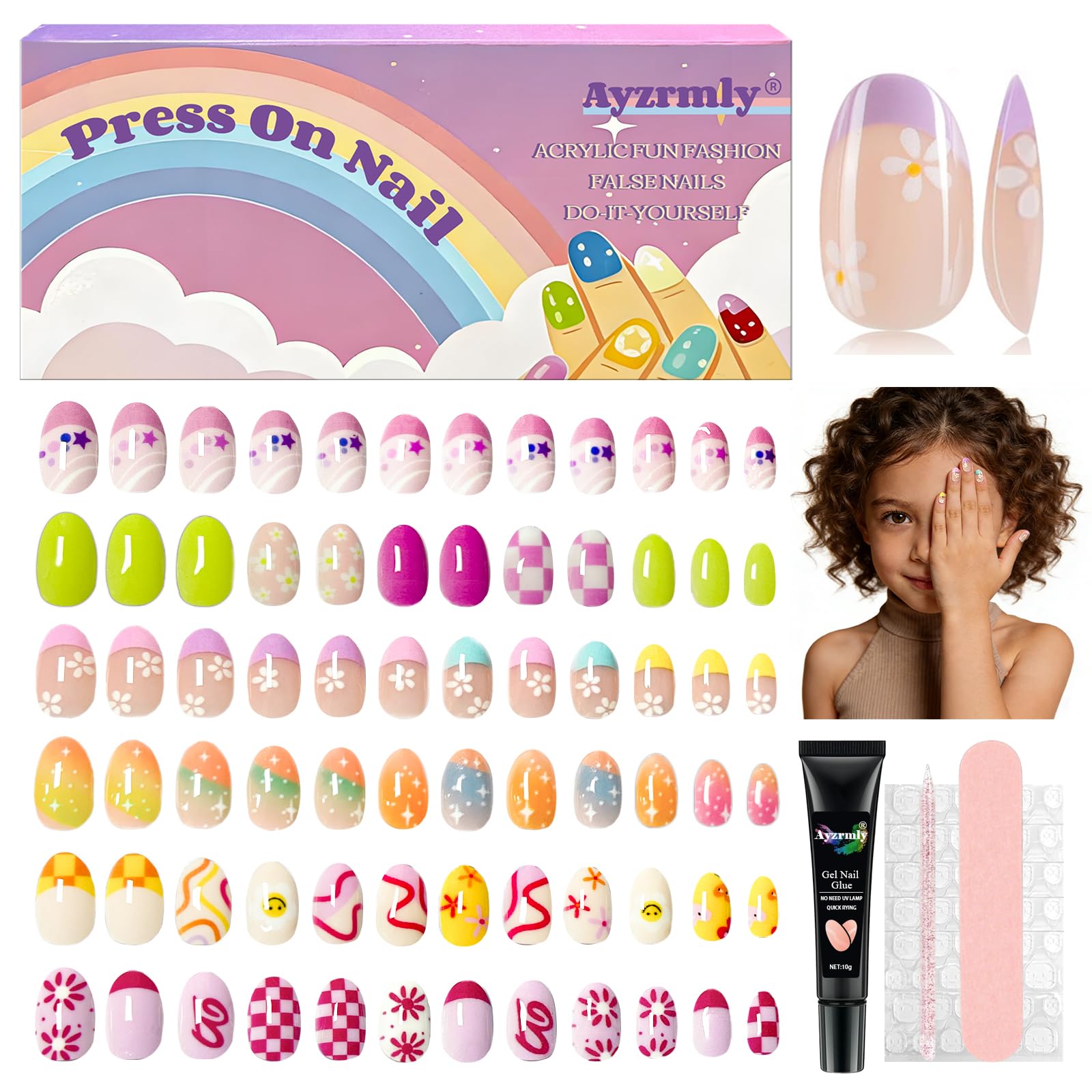 Ayzrmly front packaging showing colorful kids press-on nails and included tools for easy use