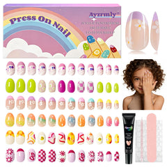 Ayzrmly front packaging showing colorful kids press-on nails and included tools for easy use