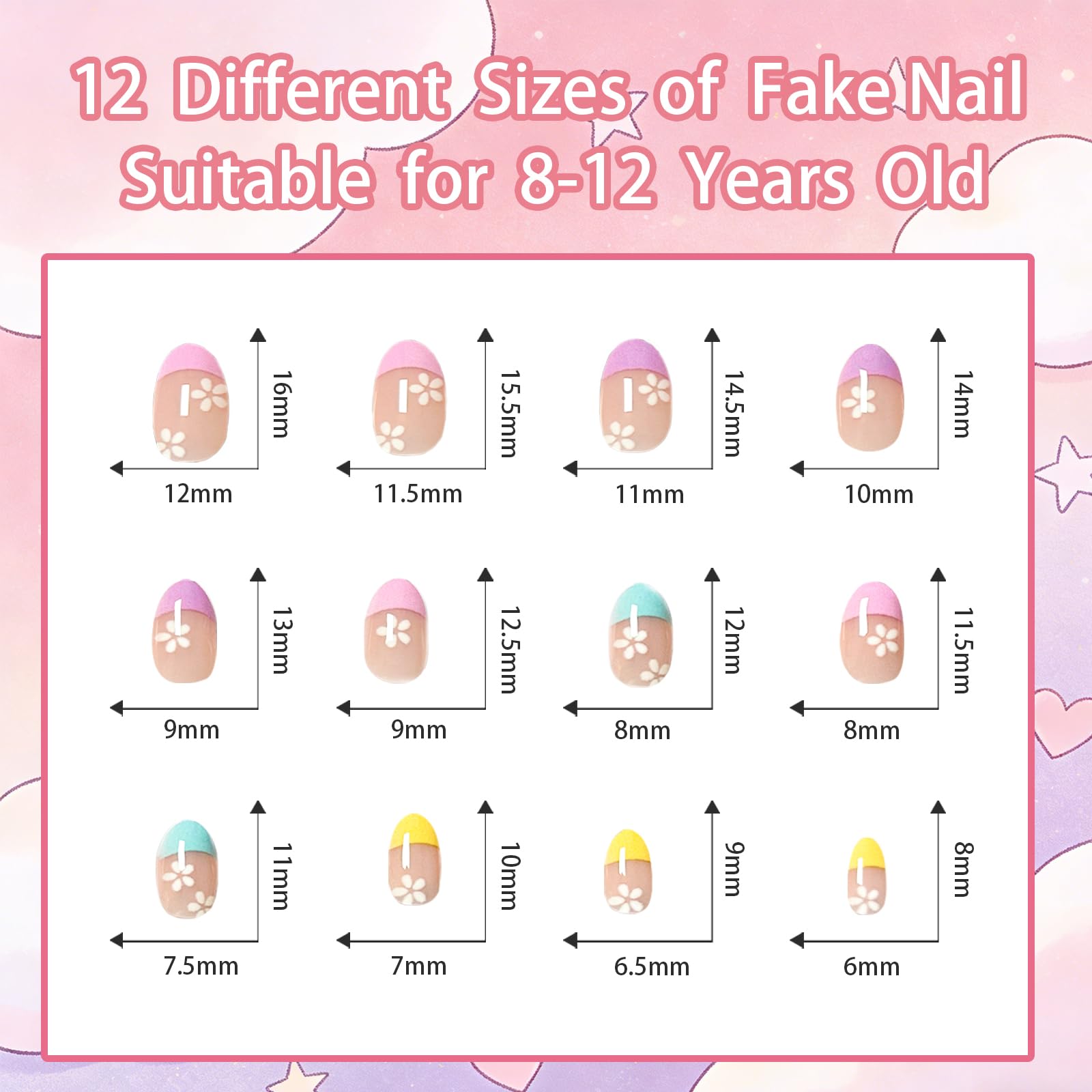 Ayzrmly close-up layout of six styles of press-on nails highlighting vibrant patterns