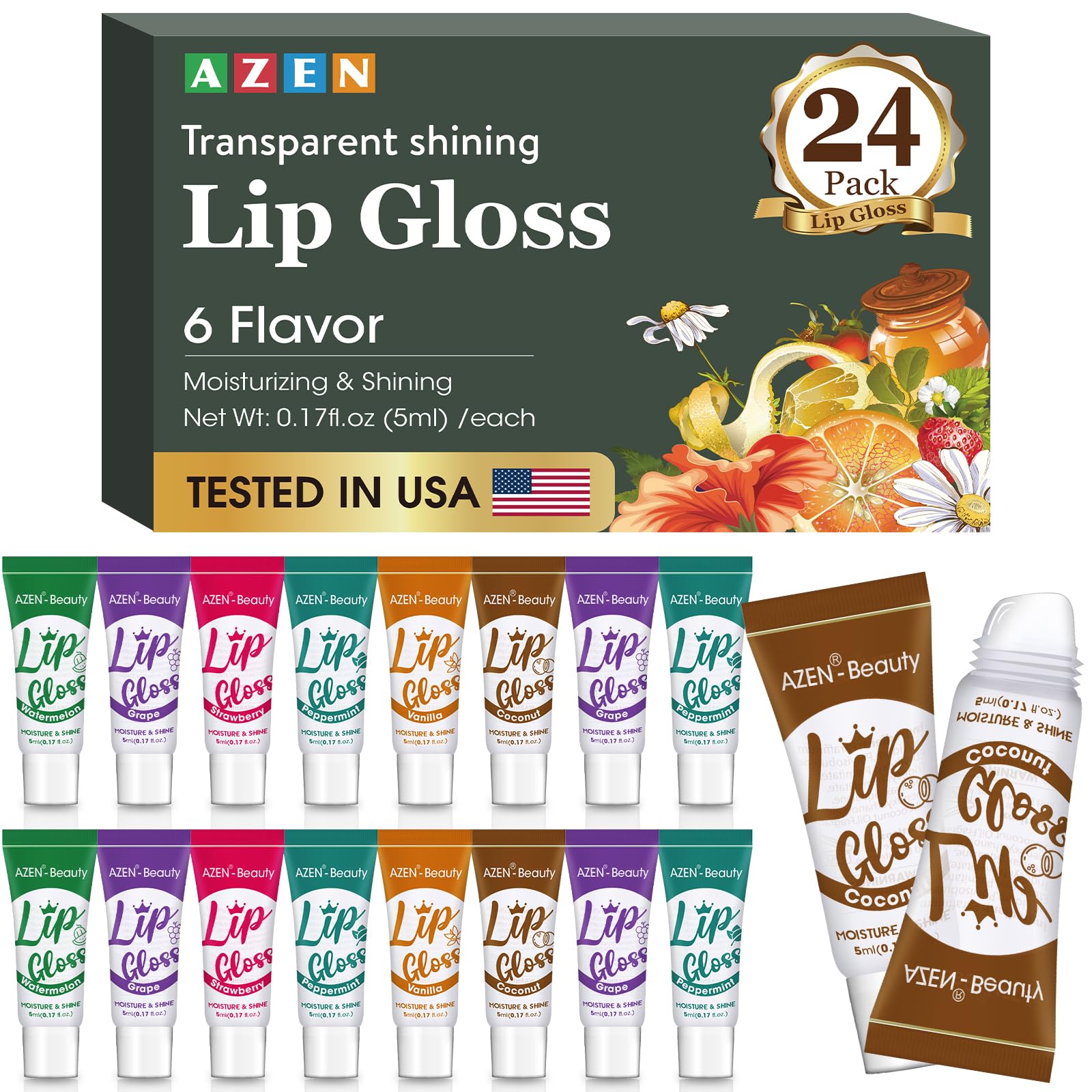 AZEN clear lip gloss front packaging showing 24-pack convenience and value