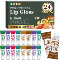 AZEN clear lip gloss front packaging showing 24-pack convenience and value