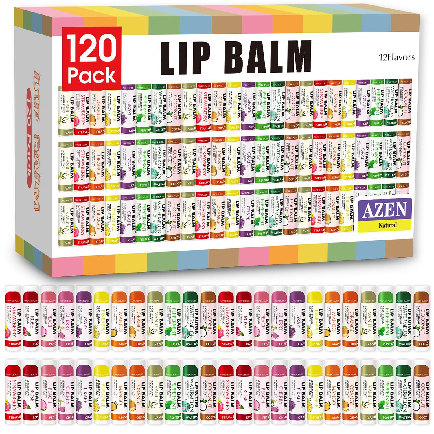AZEN front packaging showing 120-count bulk lip balms and convenient supply