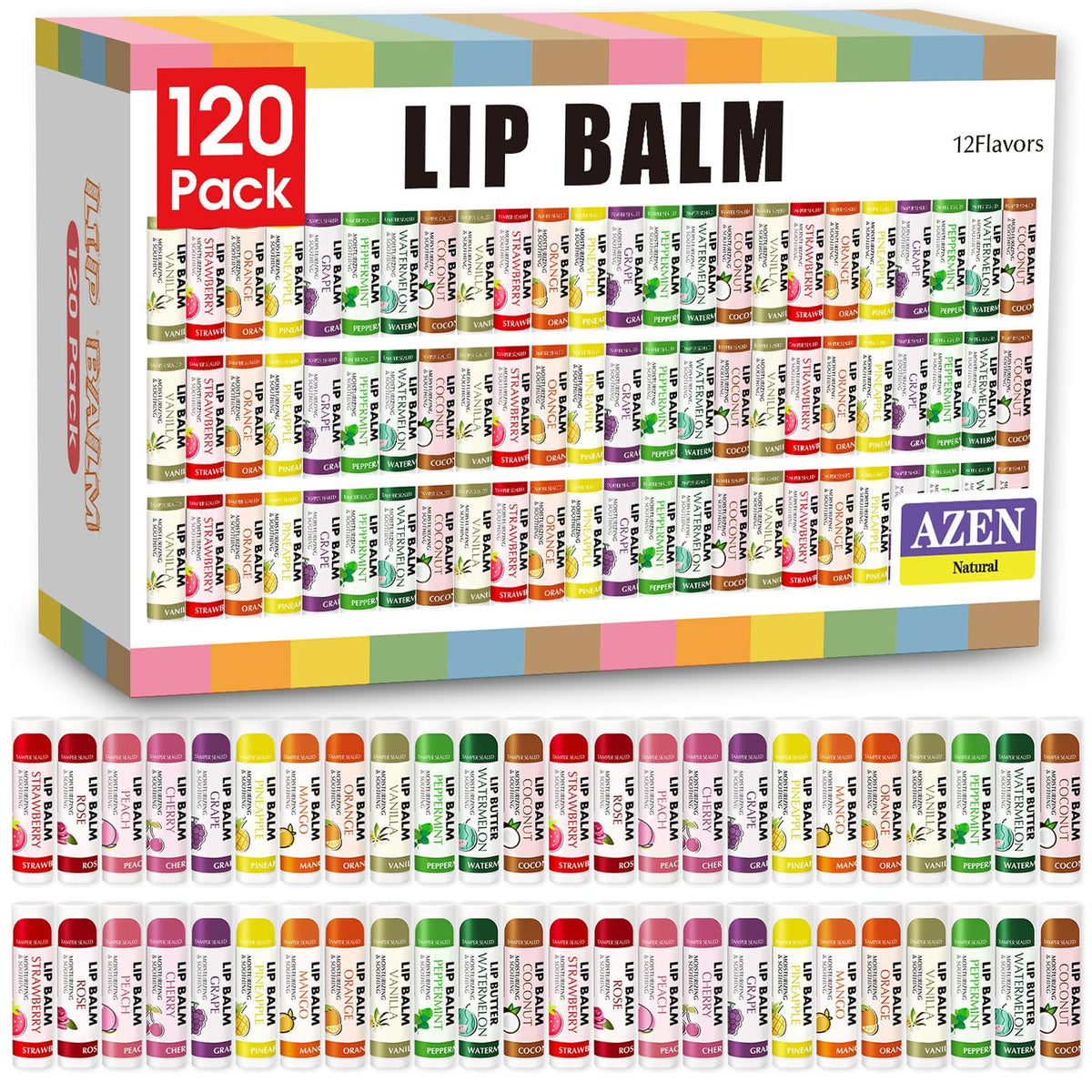 AZEN front packaging showing 120-count bulk lip balms and convenient supply