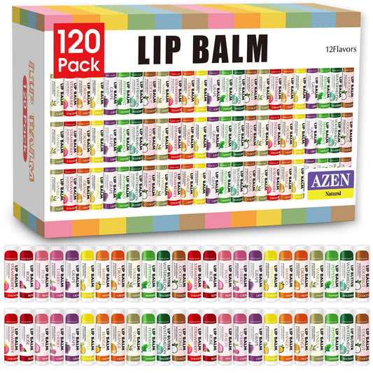 AZEN front packaging showing 120-count bulk lip balms and convenient supply