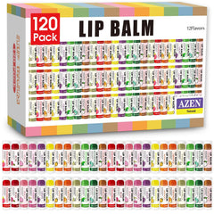 AZEN front packaging showing 120-count bulk lip balms and convenient supply