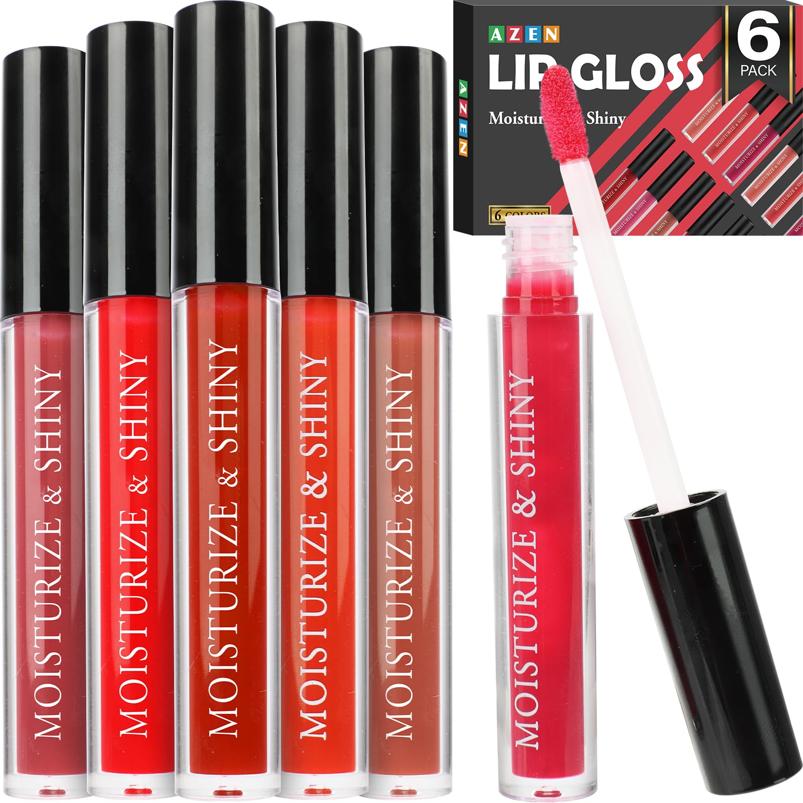 AZEN front packaging showing six colorful gloss tubes and brand appeal