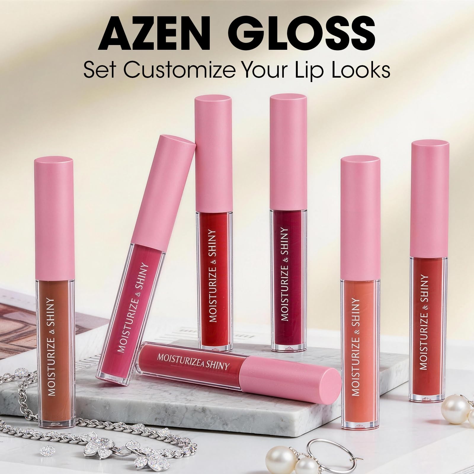 AZEN gloss applied on model lips showing shimmer and smoothing effect