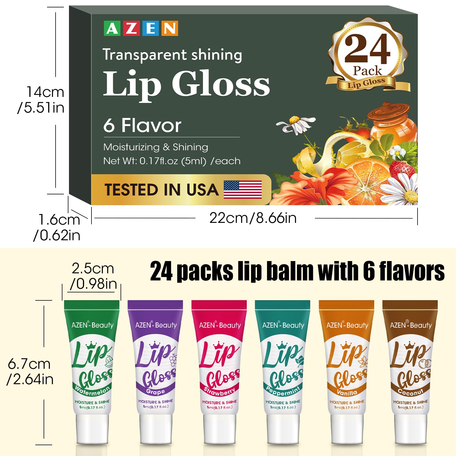 AZEN lip gloss ingredients label highlighting vitamin E and coconut oil benefits