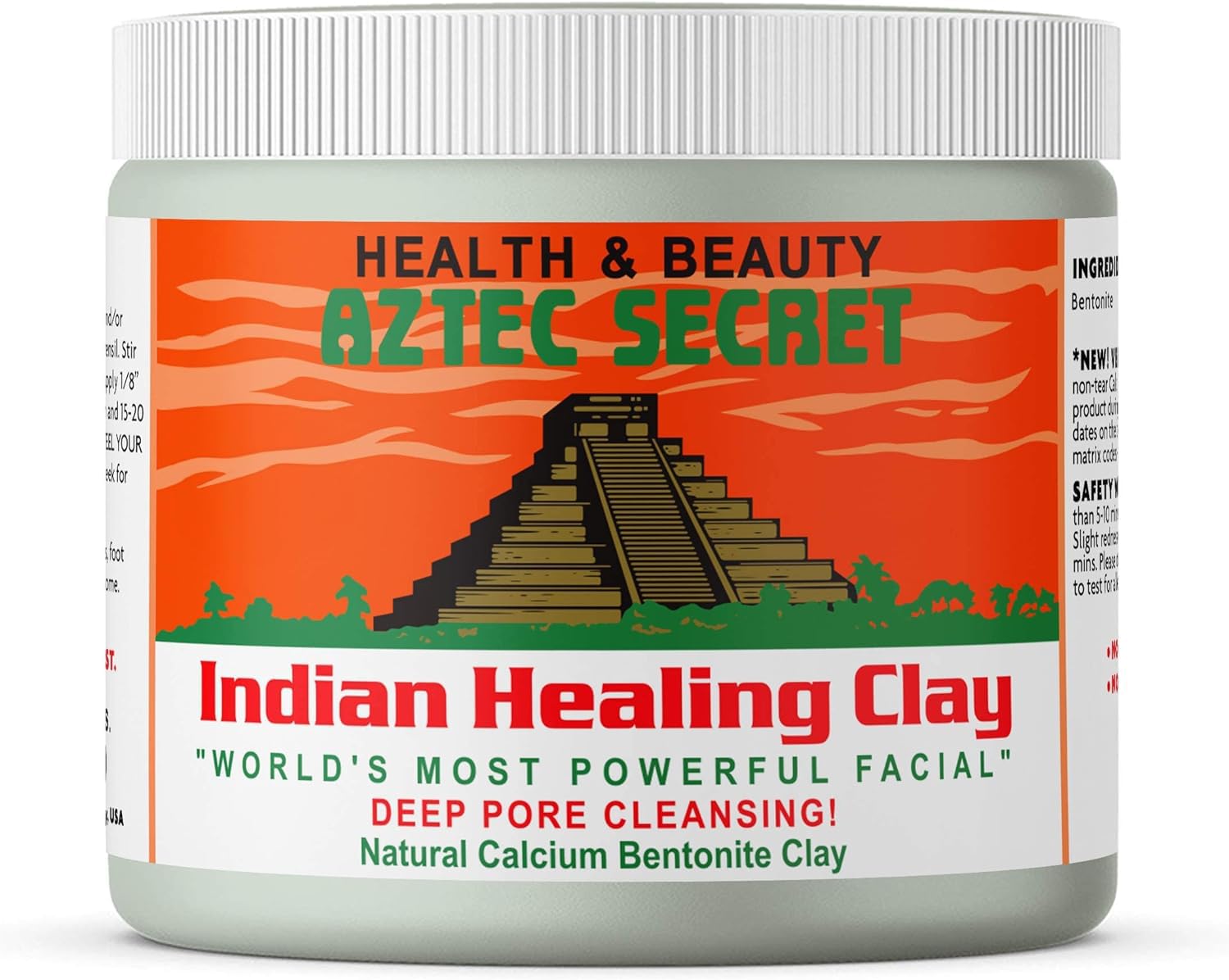 Aztec Secret jar front packaging showing brand and 16 oz size for clear identification and value