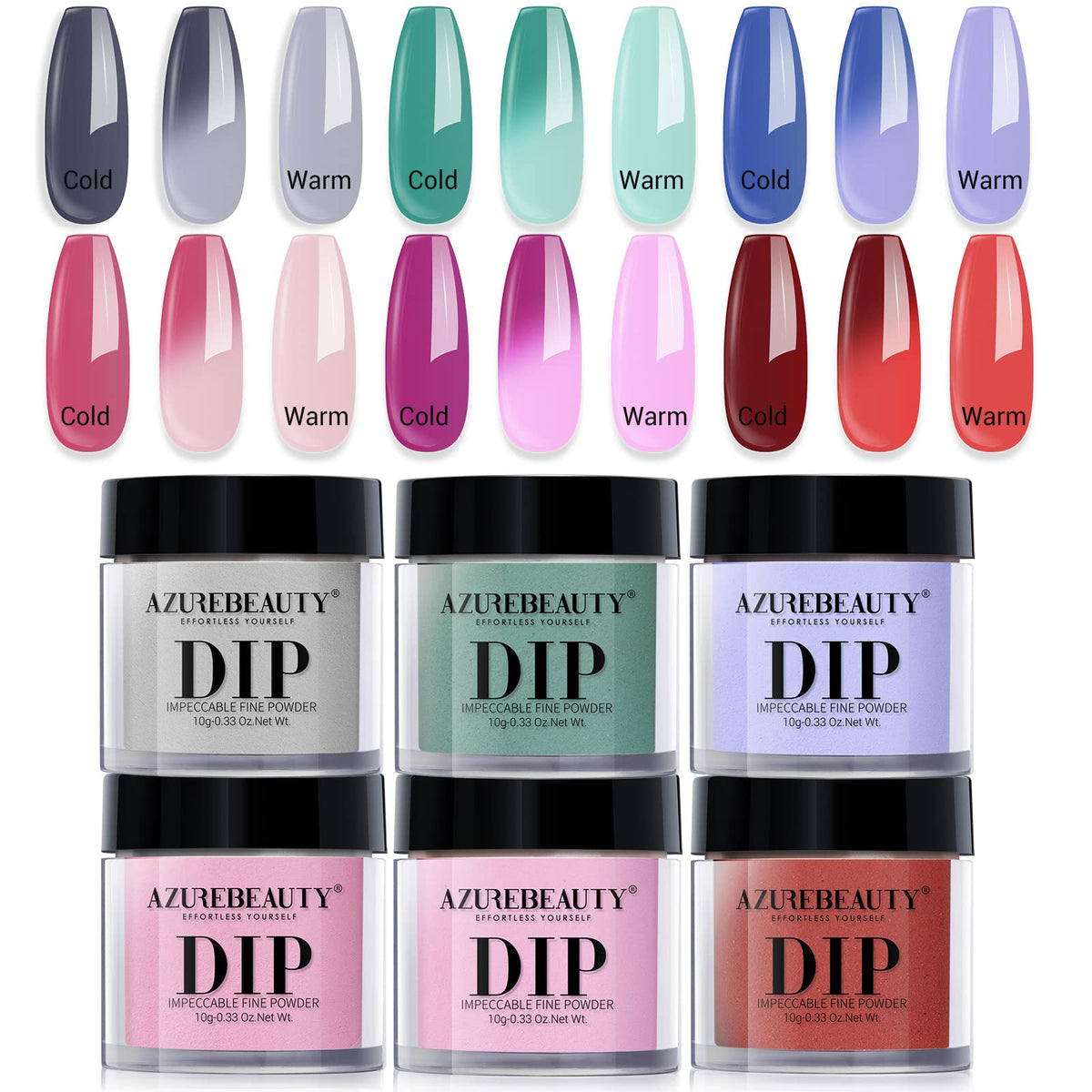 AZUREBEAUTY six jars front packaging showing set and colors, easy selection benefit