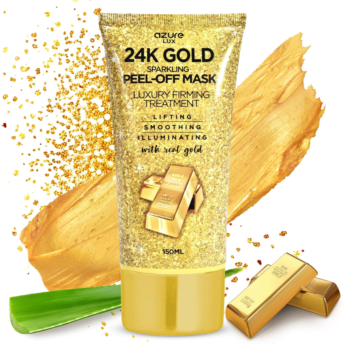 Azure Cosmetics front tube shot showing 24K gold mask packaging and premium look