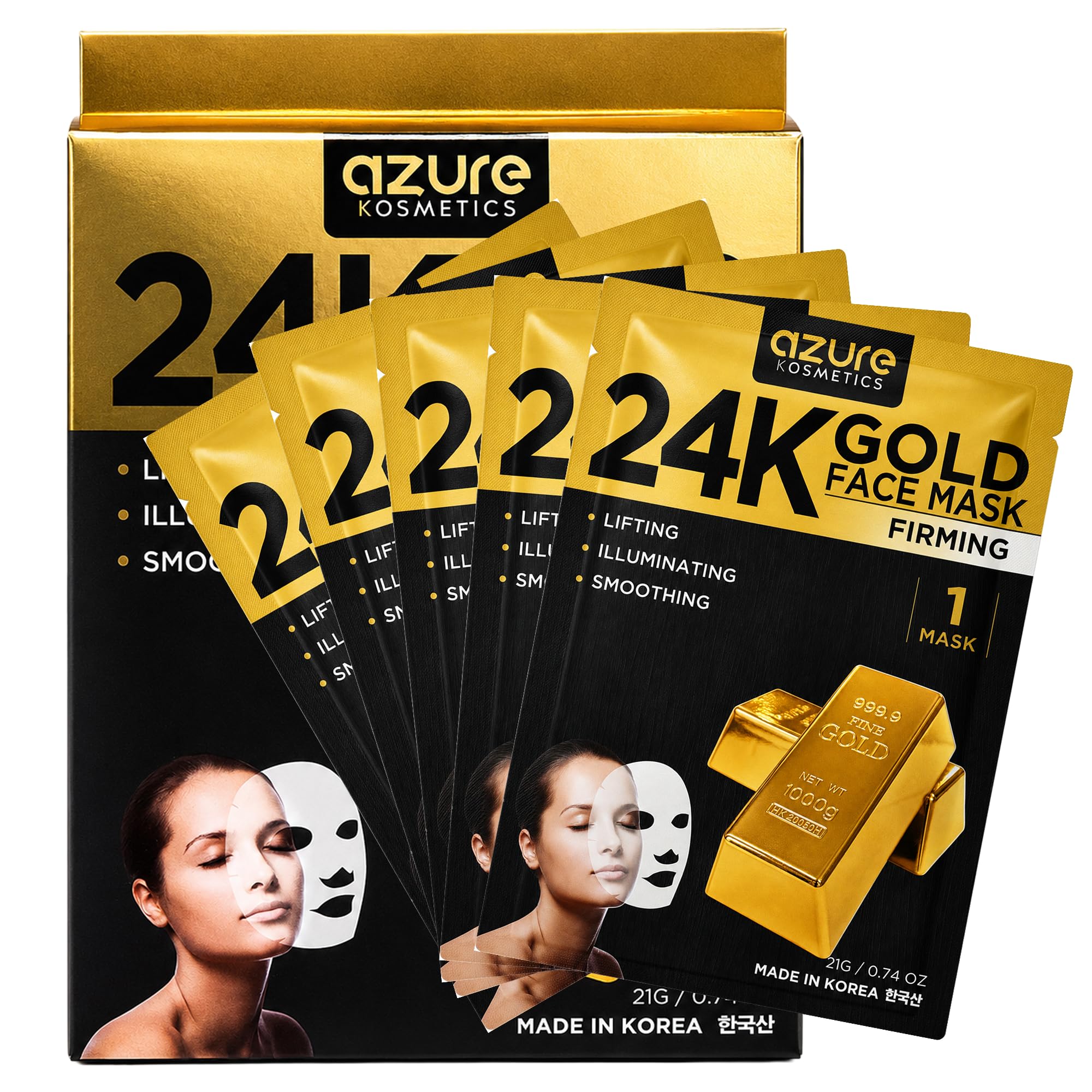 Azure Cosmetics front packaging showing pack of five masks and benefits