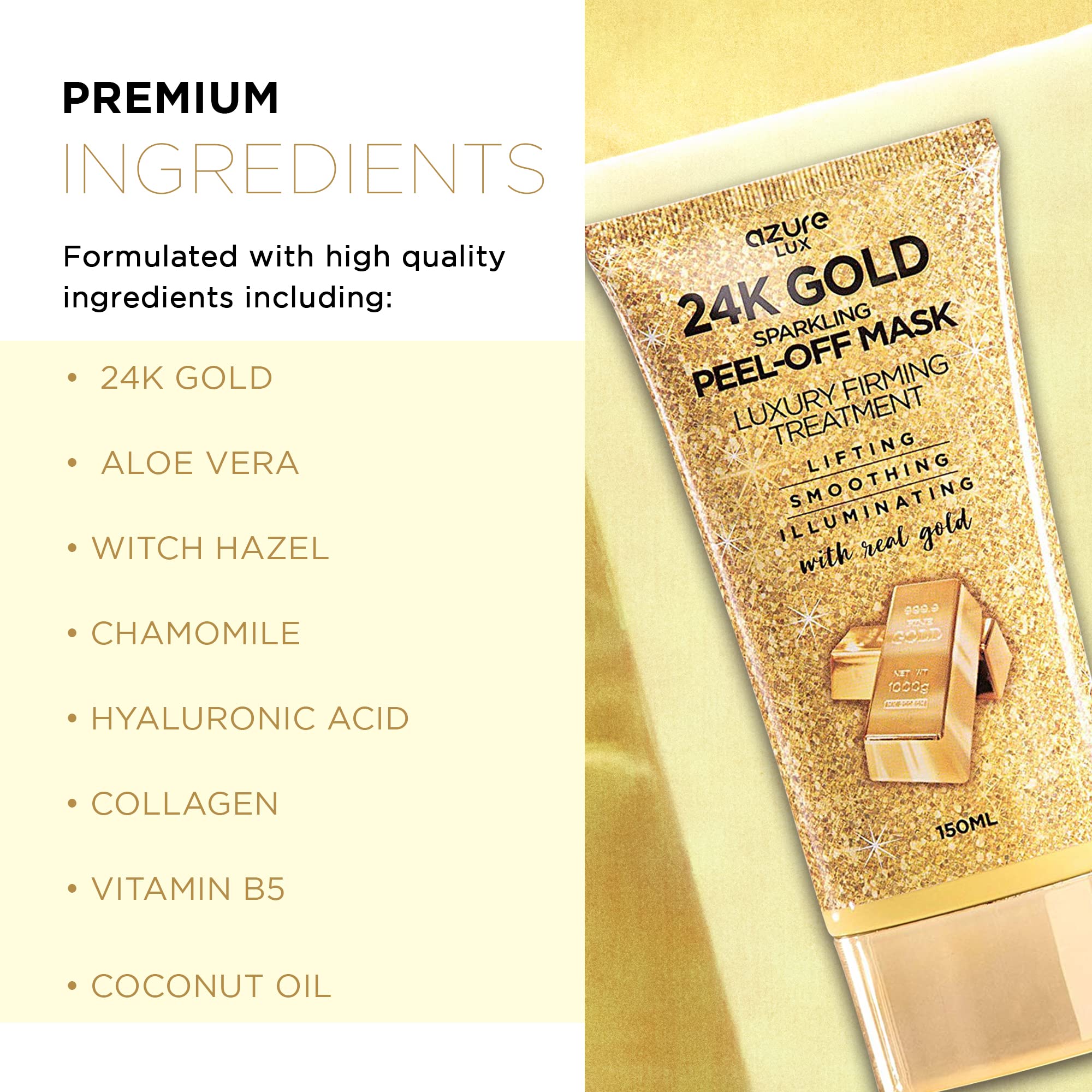 Azure Cosmetics close-up of shimmering gold mask texture for smooth application