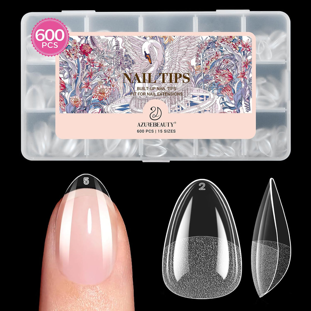 AZUREBEAUTY front packaging showing 600-piece almond tips and benefits
