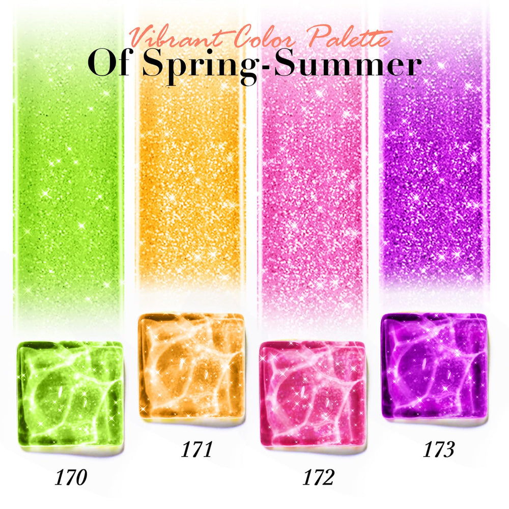AZUREBEAUTY bottles lined up displaying pink orange green purple, clear color reference