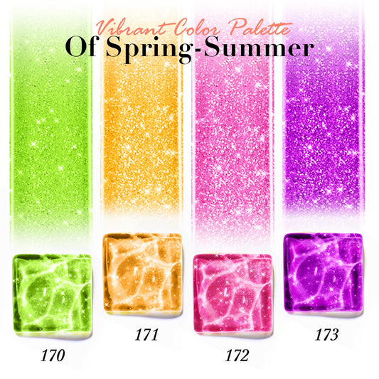 AZUREBEAUTY bottles lined up displaying pink orange green purple, clear color reference