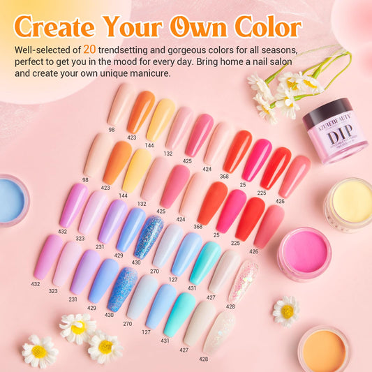 AZUREBEAUTY top view of 20 pastel dip powders displaying color range for creative combinations