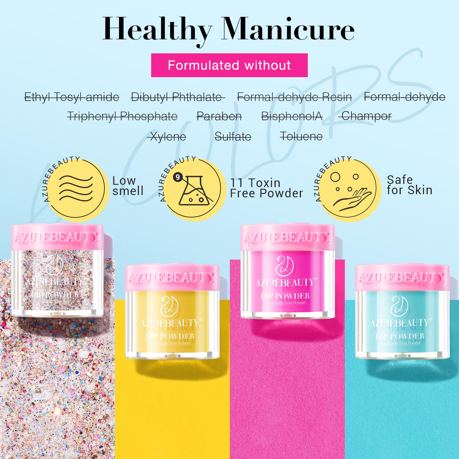AZUREBEAUTY color swatch array showing pink yellow blue glitter options benefit