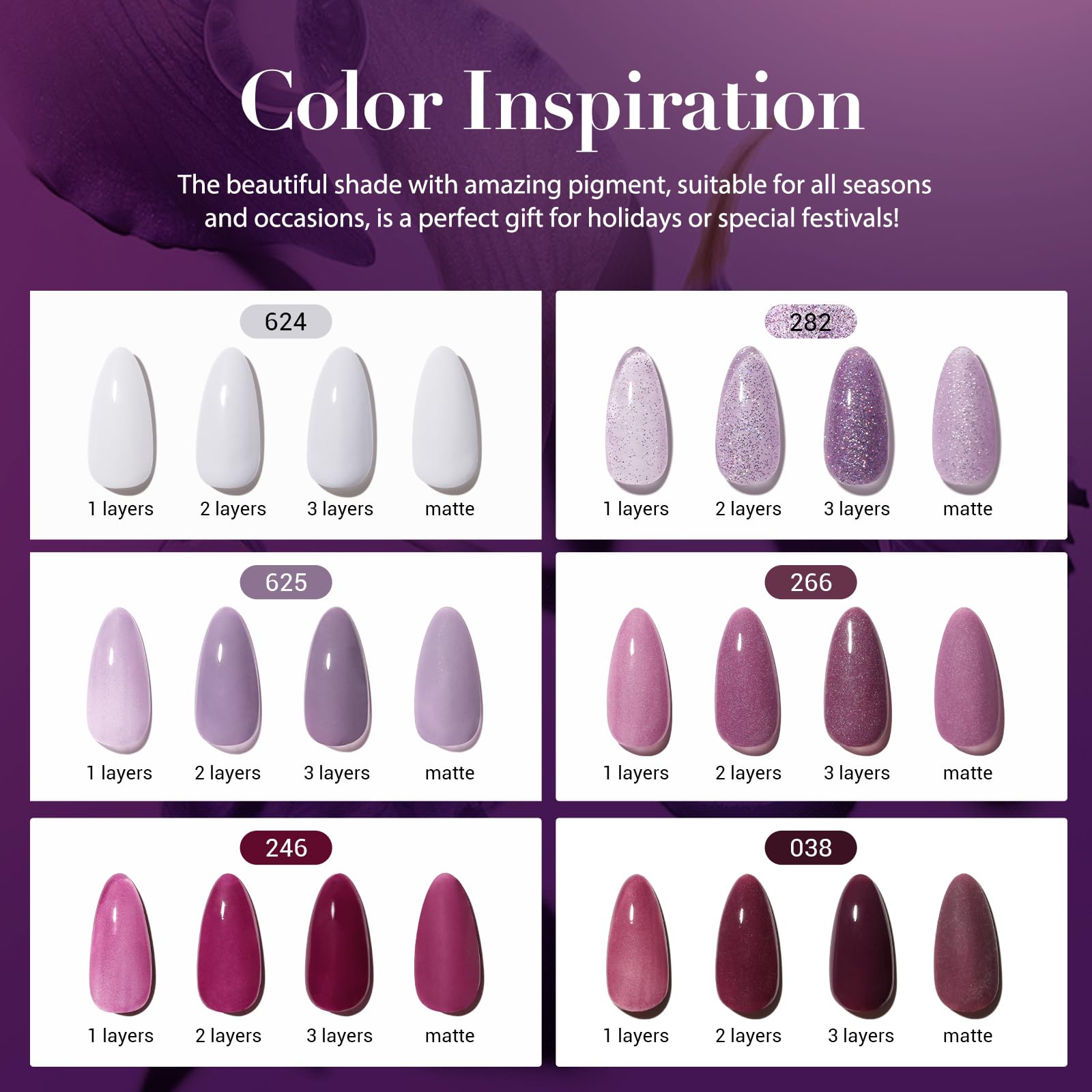 AZUREBEAUTY color swatches fan displaying purple rose red glitter options