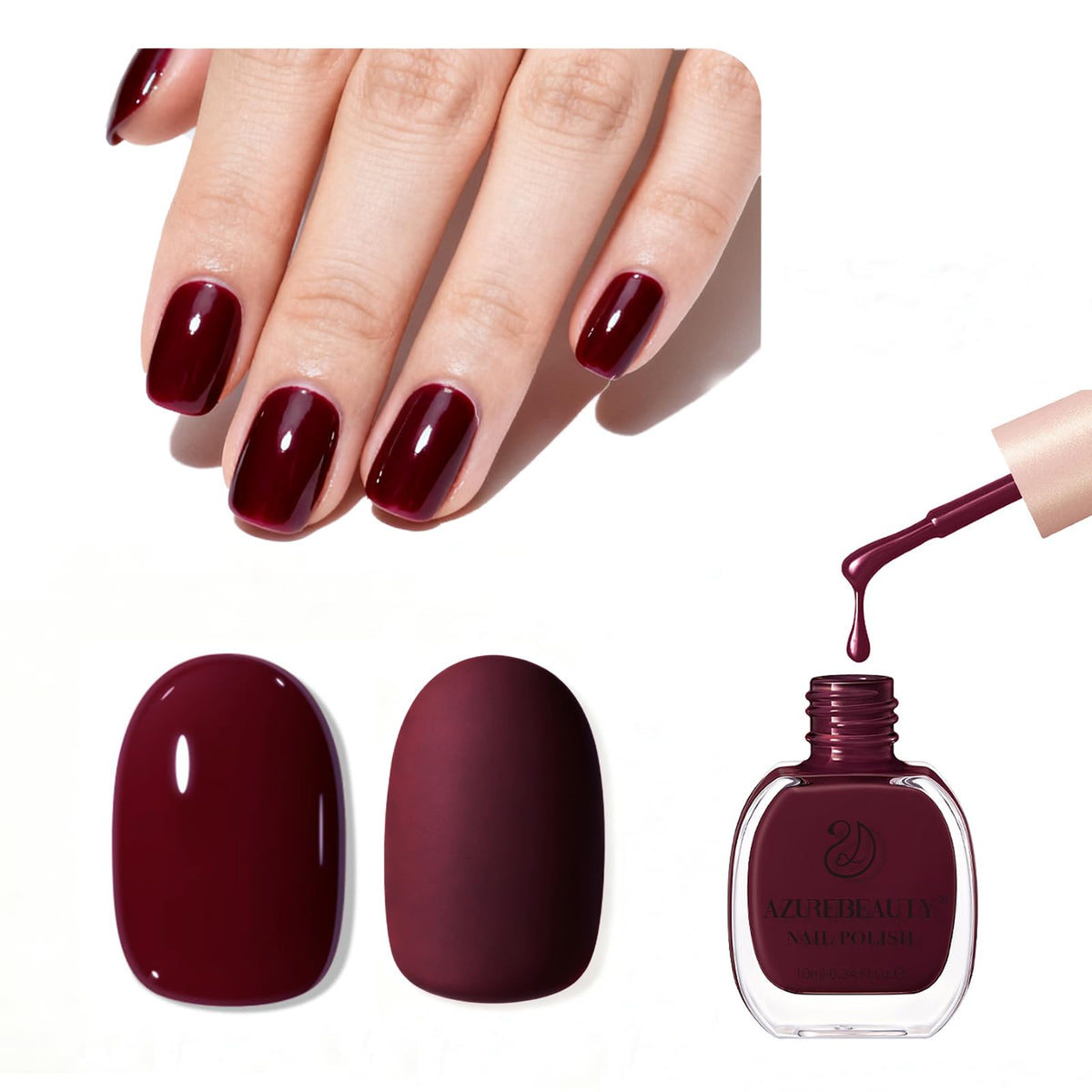 AZUREBEAUTY bottle front view showing deep red color and portable size for travel
