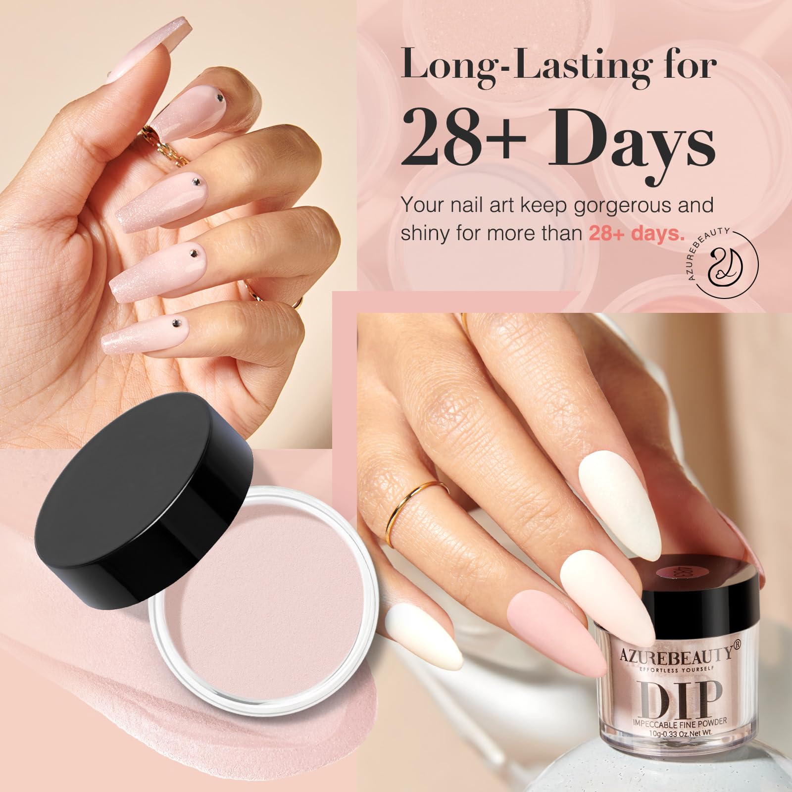 AZUREBEAUTY six dip powder jars open displaying diverse nude shades