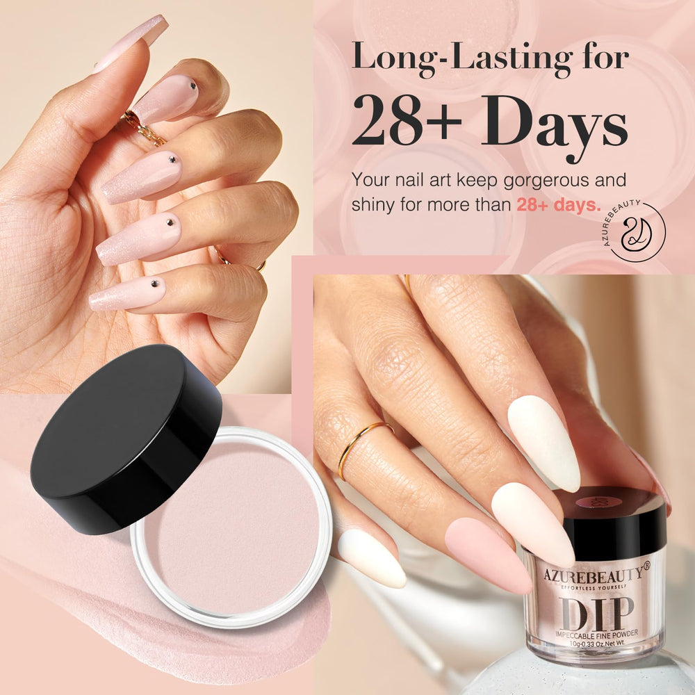 AZUREBEAUTY six dip powder jars open displaying diverse nude shades