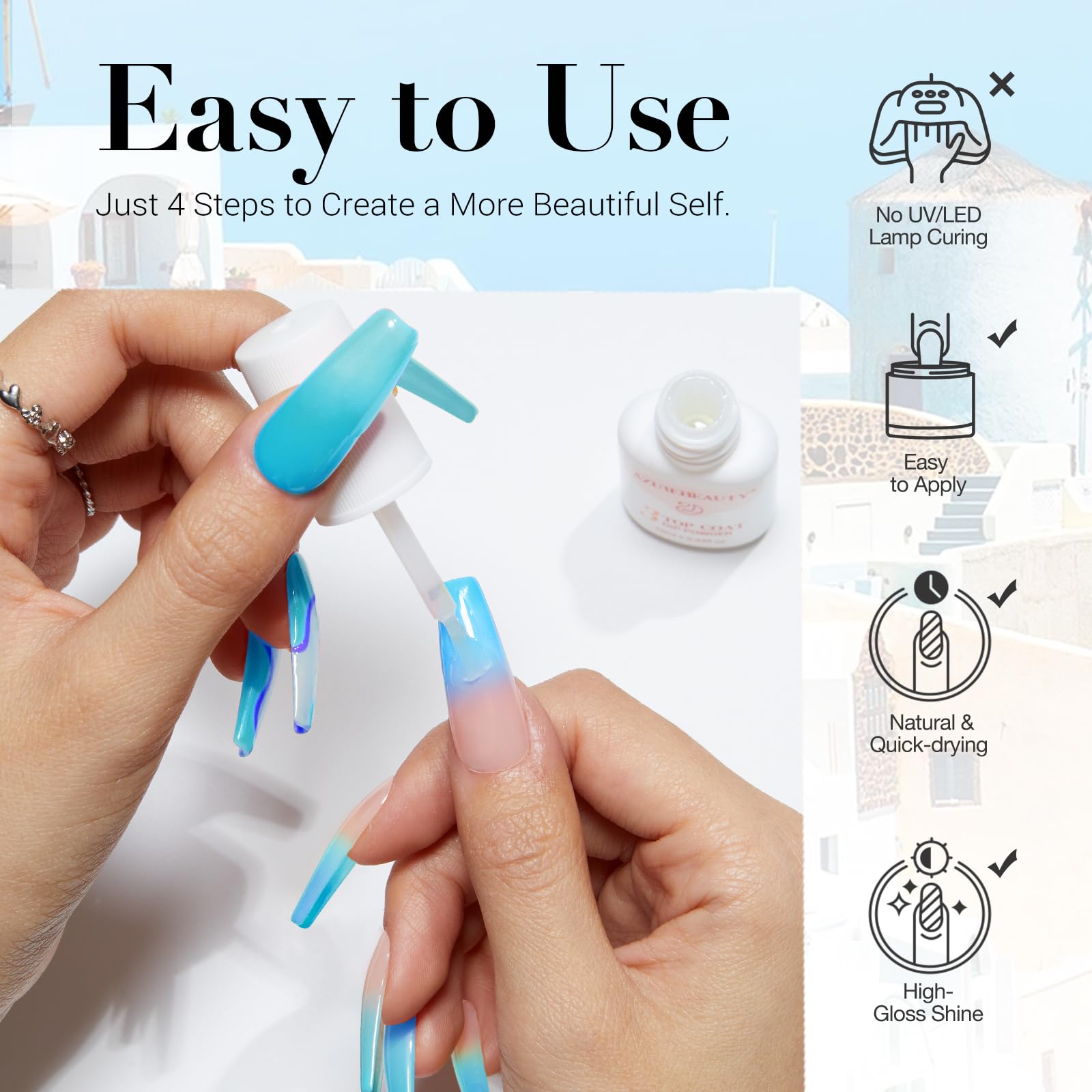 AZUREBEAUTY finished manicure lifestyle scene showcasing glossy long-wear benefit