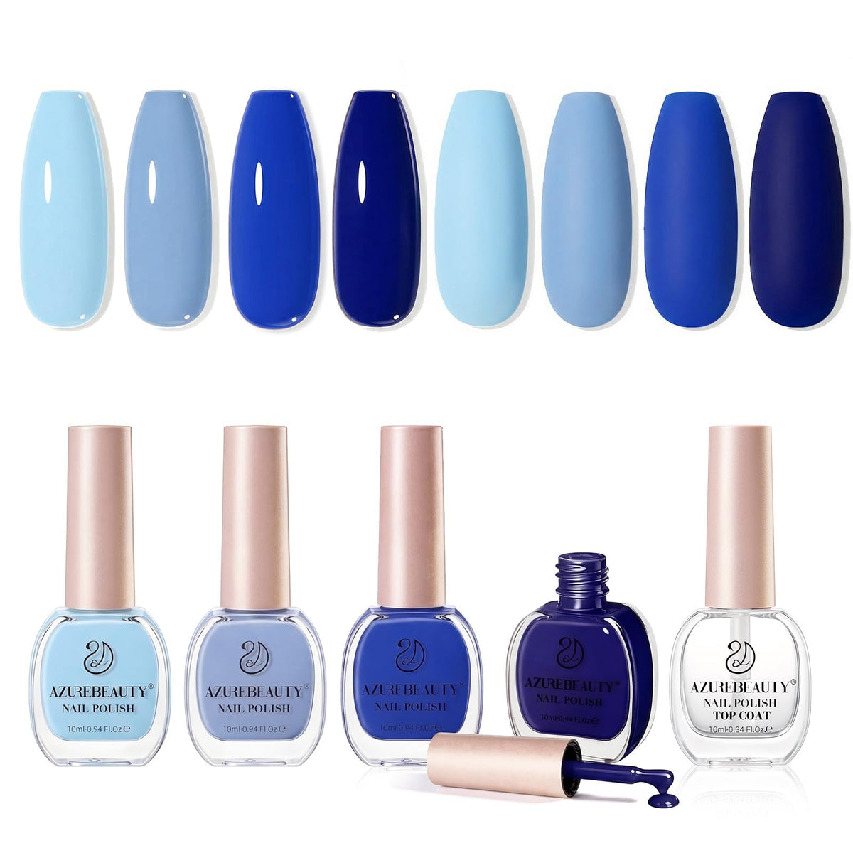 AZUREBEAUTY front packaging of four blue polishes showing coordinated shades and appeal