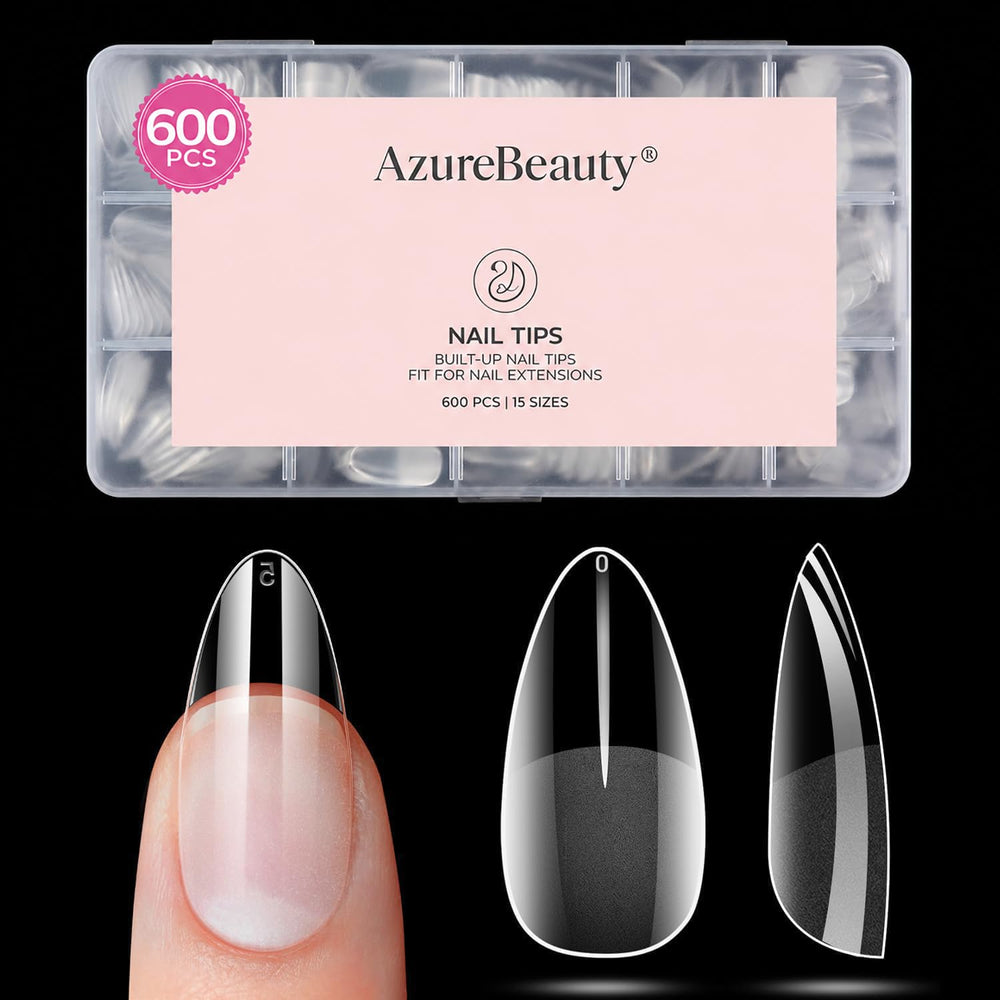 AZUREBEAUTY front packaging showing clear almond nail tips and full set benefits